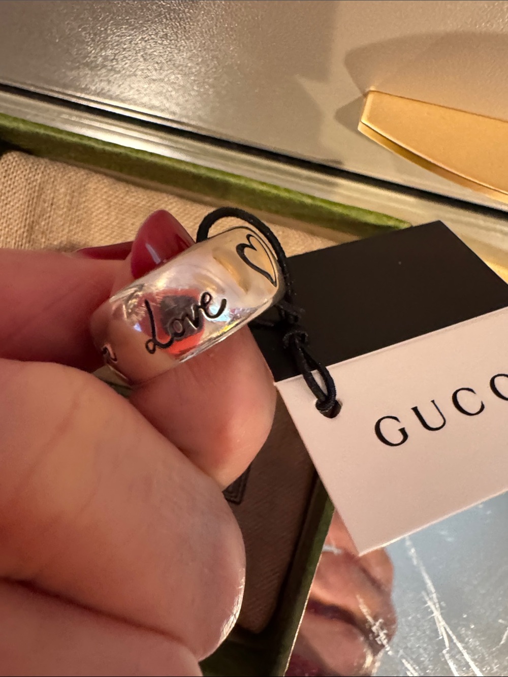 Gucci Silver 'Blind For Love' Dome Ring with Engraved Script with Box